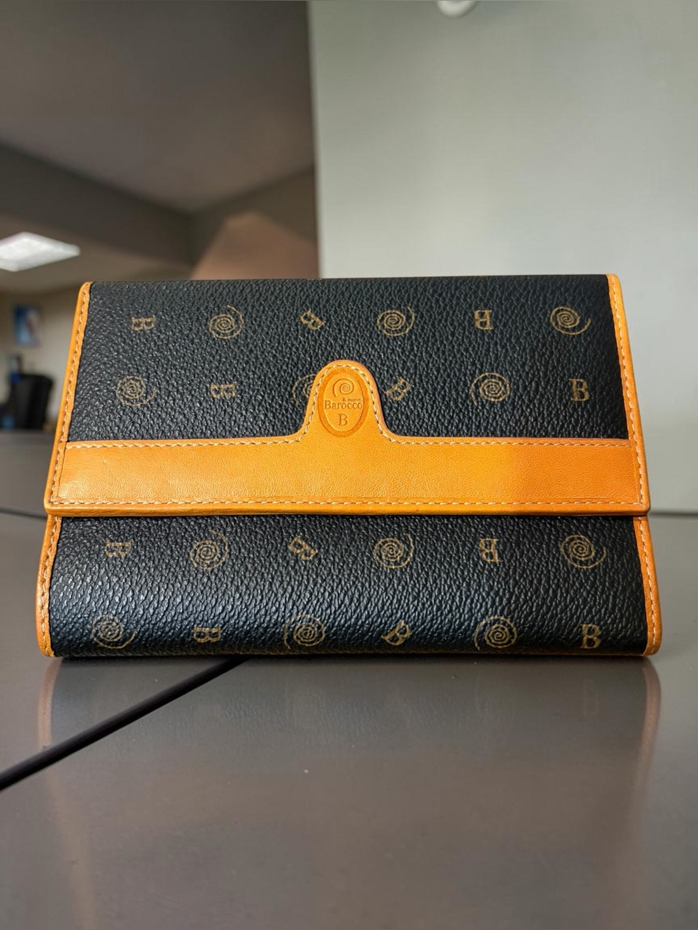 Vintage Il Nuovo Barocco Black Monogram Checkbook Wallet Tan Leather Trim Italy